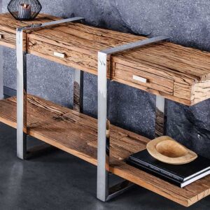 Massief houten wandtafel BARRACUDA 140cm bruin teakzilver RVS verchroomd met lades - 43615