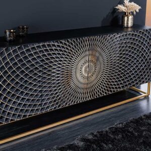 Design dressoir ILLUSION 180cm zwart mangohout massief hout met 3D houtsnijwerk goud ijzer metalen frame - 44320