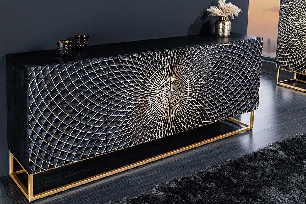 Design dressoir ILLUSION 180cm zwart mangohout massief hout met 3D houtsnijwerk goud ijzer metalen frame - 44320