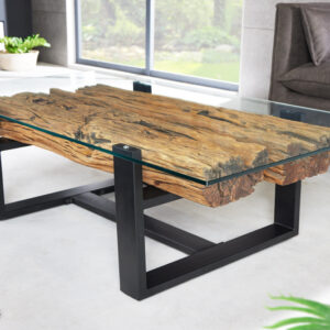 Design salontafel BARRACUDA 130cm Gerecycled teakhouten glazen blad zwart RVS industrieel - 43344