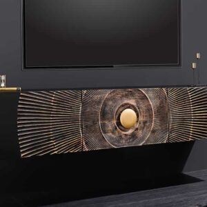 Hangende TV lowboard GOLDEN SUNSET 160cm mangohout zwart met 3D houtsnijwerk goud handgemaakt - 44250