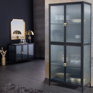 Moderne vitrinekast AMSTERDAM 180 cm zwart goud dammen glazen metalen highboard kast - 43532