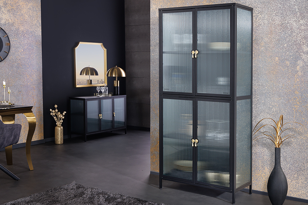 Moderne vitrinekast AMSTERDAM 180 cm zwart goud dammen glazen metalen highboard kast - 43532