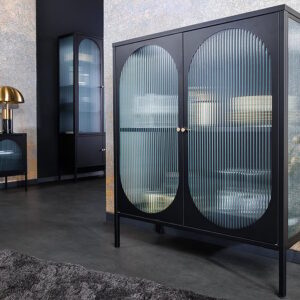 Moderne vitrinekast PARIS 110cm Zwart Goud Geruit Glas Metaal Dressoir Kabinet - 43331