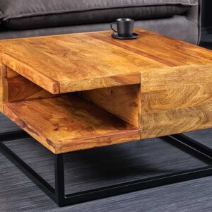 Massief houten salontafel GIANT 60 cm bruin sheesham stone afwerking metaal zwarte plank - 43750