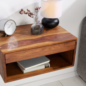 Hangend nachtkastje PURE 50 cm bruin sheesham massief houten plank met lade - 43943