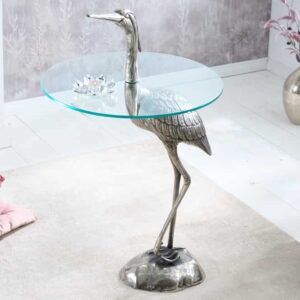 Ronde bijzettafel WILDLIFE HERON 90cm zilveren metalen glazen reigersculptuur handgemaakt - 43514