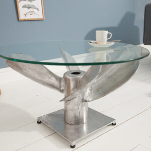 Maritieme salontafel OCEAN M 60cm antiek zilver rond scheepspropeller glazen blad - 39089