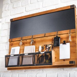 Praktische wandplank HERITAGE 80cm naturel grenen 6 haken krijtbord sleutelbord - 40880