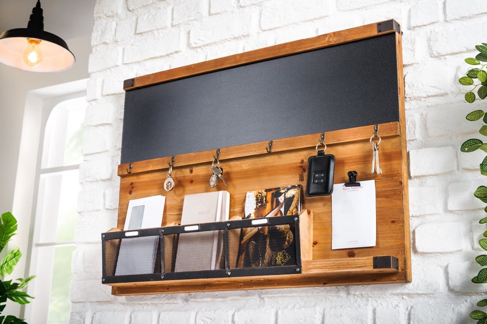 Praktische wandplank HERITAGE 80cm naturel grenen 6 haken krijtbord sleutelbord - 40880