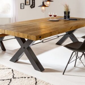 Massief houten eettafel THOR 200cm vintage bruin grenen gerecycled industrieel design ijzeren X-frame - 43676