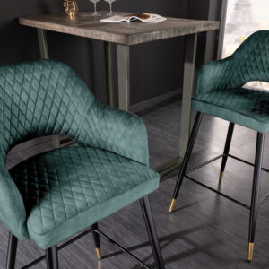 Design barkruk PARIS petrol fluweel decoratief doorgestikt voetdoppen goud met armleuningen - 42294