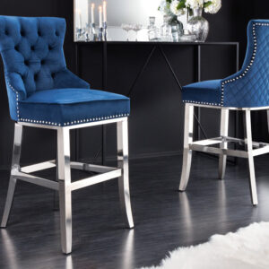 Design barkruk CASTLE DELUXE koningsblauw fluweel zilver roestvrij staal Chesterfield - 43214