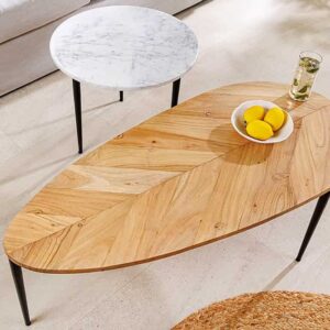 Set van 2 salontafels ADLON 110 cm naturel wit acaciahout marmer zwart metaal - 45187
