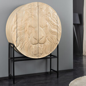 Massief Highboard LION 140cm Wit Mango Hout Metaal 3D Houtsnijwerk Kunstwerk - 45851