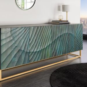Massief dressoir SCORPION 180cm turquoise mangohout goud metaal 3D houtsnijwerk - 45644