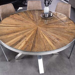 Ronde eettafel BARRACUDA 140cm bruin teakhout massief hout glas zilver RVS verchroomd - 43623