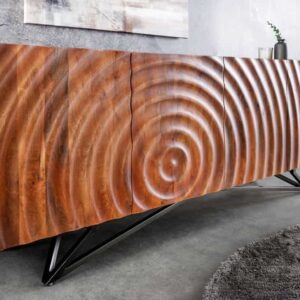 Design dressoir ZEN 180cm bruin mangohout met 3D houtsnijwerk metalen frame zwart handgemaakt - 44318