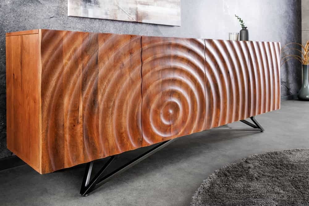 Design dressoir ZEN 180cm bruin mangohout met 3D houtsnijwerk metalen frame zwart handgemaakt - 44318