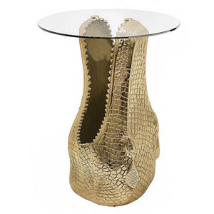 Bijzettafel WILDLIFE CROCODILE 50 cm rond, salontafel van gehard glas, goudkleurig - 46986