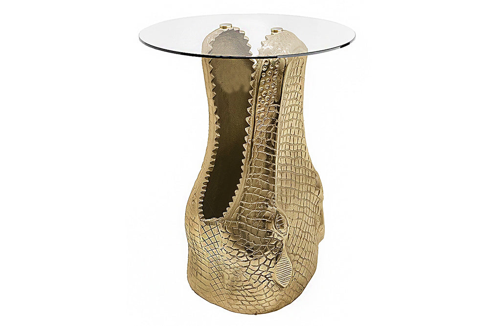 Bijzettafel WILDLIFE CROCODILE 50 cm rond, salontafel van gehard glas, goudkleurig - 46986
