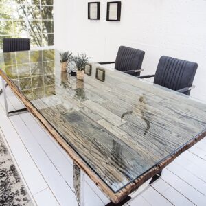 Massieve eettafel BARRACUDA 200cm antiek teakhout met stalen sledepoten incl. glazen blad - 21645&30116G