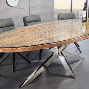 Massieve eettafel BARRACUDA 220cm bruin teakhout zilver steronderstel glazen blad - 43626