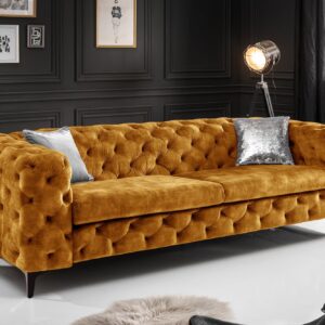 Chesterfield Sofa MODERN BAROK 235cm mosterdgeel fluweel 3-zits bank spring core - 44392