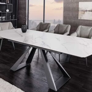 Uitschuifbare eettafel CONCORD 180-230cm wit keramiek marmer design zwart metaal - 46498