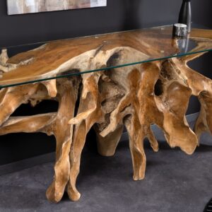 Massieve wandtafel ROOT 150cm naturel teakhout massief wortelhout glazen blad - 6044121