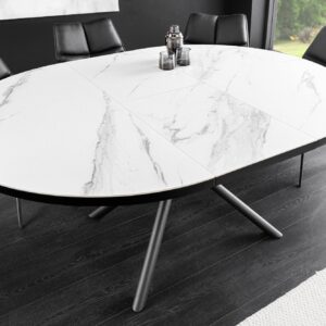 Uitschuifbare eettafel MIKADO 120-160cm wit keramiek ovaal zwart ster onderstel - 46503