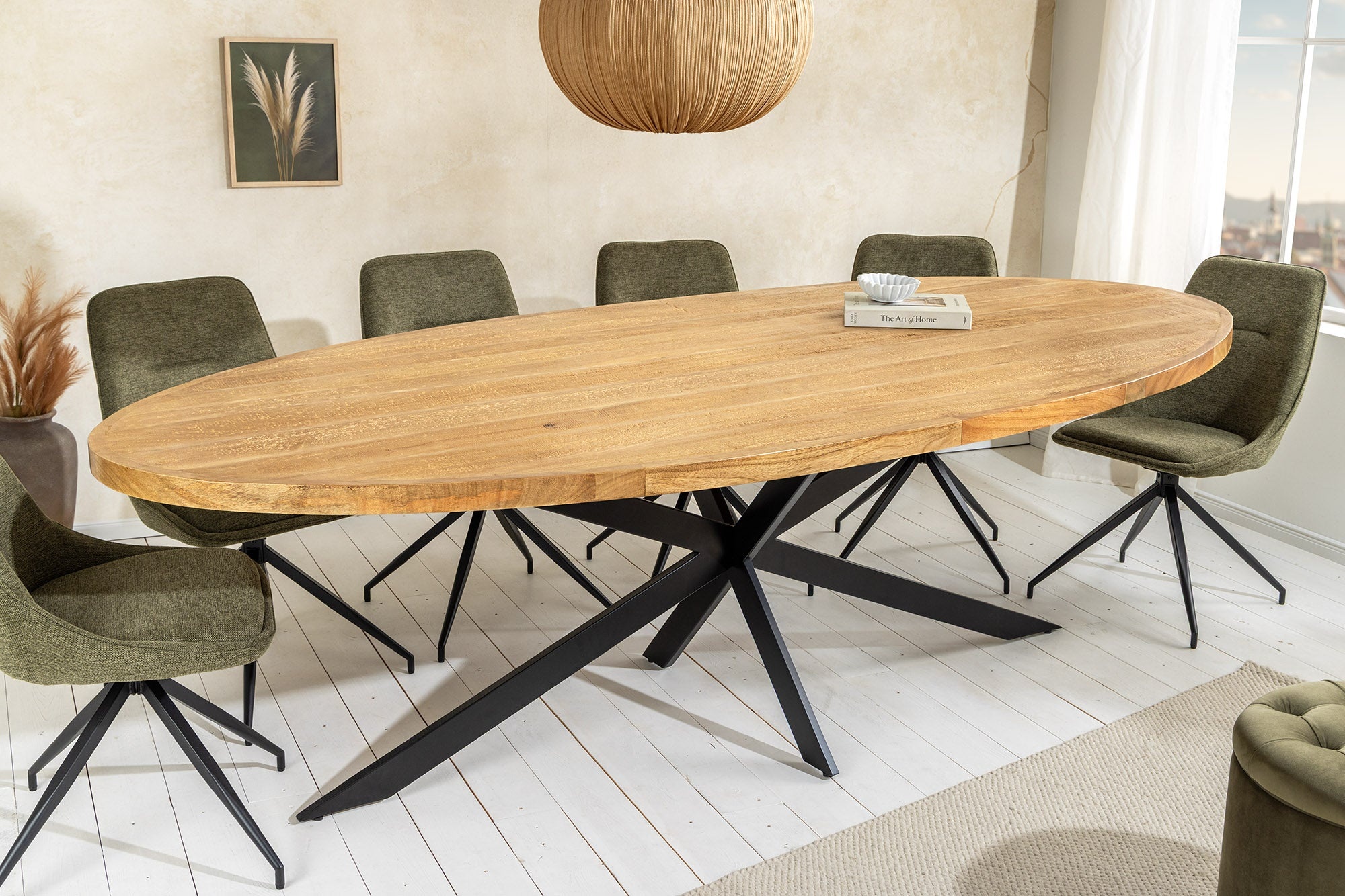 Massieve eettafel GALAXIE 240cm bruin mangohout ovaal zwart ijzeren sterframe - 45759