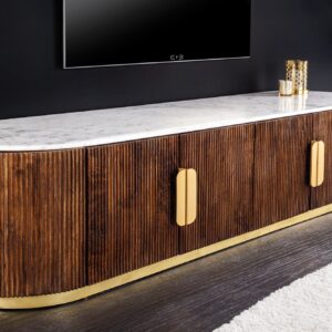 Design TV-bord GATSBY 170 cm Bruin Goud Mangohout Wit Marmeren Blad Lowboard - 45828
