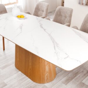 Design Eettafel UNIEK 200cm Wit Eiken Keramiek Marmeren Kolom Onderstel - 45142