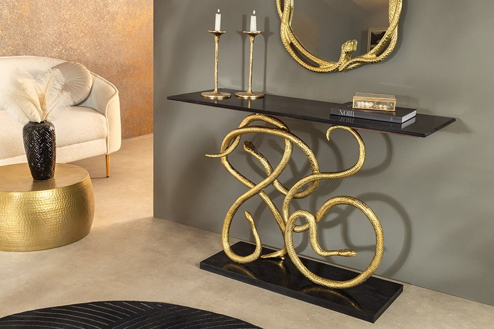 Extravagante consoletafel WILDLIFE SNAKE 115 cm zwart goud marmeren slangensculptuur - 45030