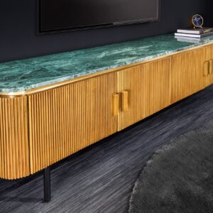Design TV-bord VENEZIANO 160 cm messing groen marmeren blad mangohout retro - 44534