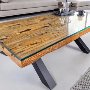Massieve salontafel BARRACUDA 110cm antiek naturel teakhout X-frame glazen blad - 6045679