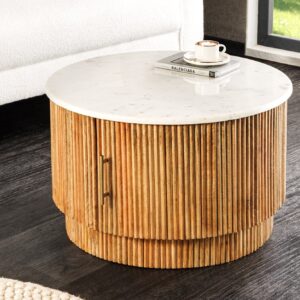Ronde salontafel TRES CHIC 60 cm wit marmer bruin mangohout met opbergruimte - 45753