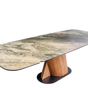 Eettafel ELEMENTS 180-260 cm, uitschuifbaar, met walnoothouten frame en keramisch blad in taupebeige marmerlook. - 46476