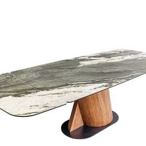 Eettafel ELEMENTS 180-260 cm, uitschuifbaar, met walnoothouten frame en keramisch blad in taupe-grijze marmerlook. - 46475