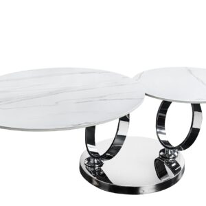 Salontafel DANCING RINGS 80-135 cm, draaibaar, met chromen onderstel en keramisch blad, wit marmer - 46318