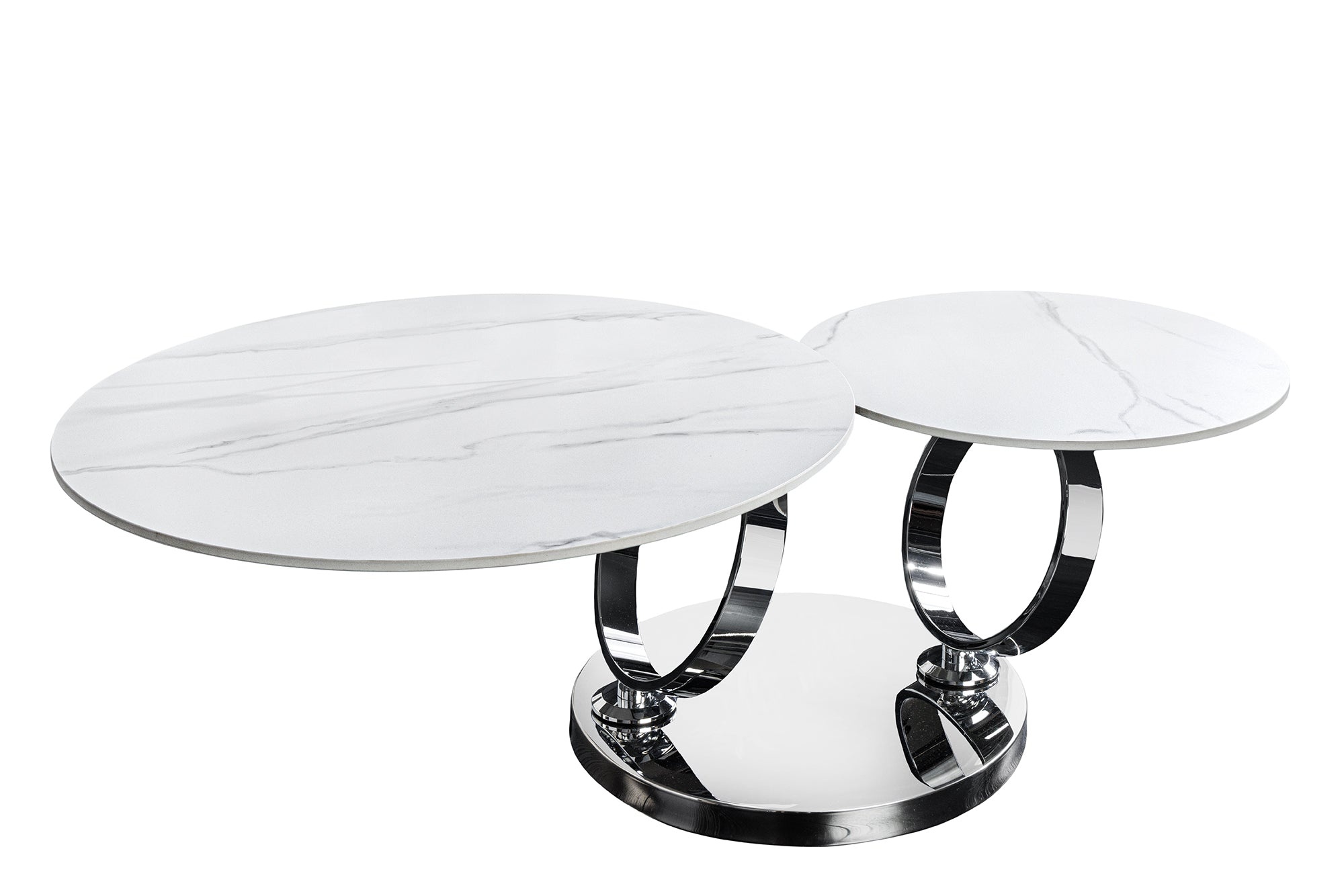 Salontafel DANCING RINGS 80-135 cm, draaibaar, met chromen onderstel en keramisch blad, wit marmer - 46318