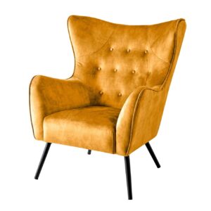 Fauteuil AMSTERDAM, fluweel, mosterdgeel, zwarte metalen poten - 44484