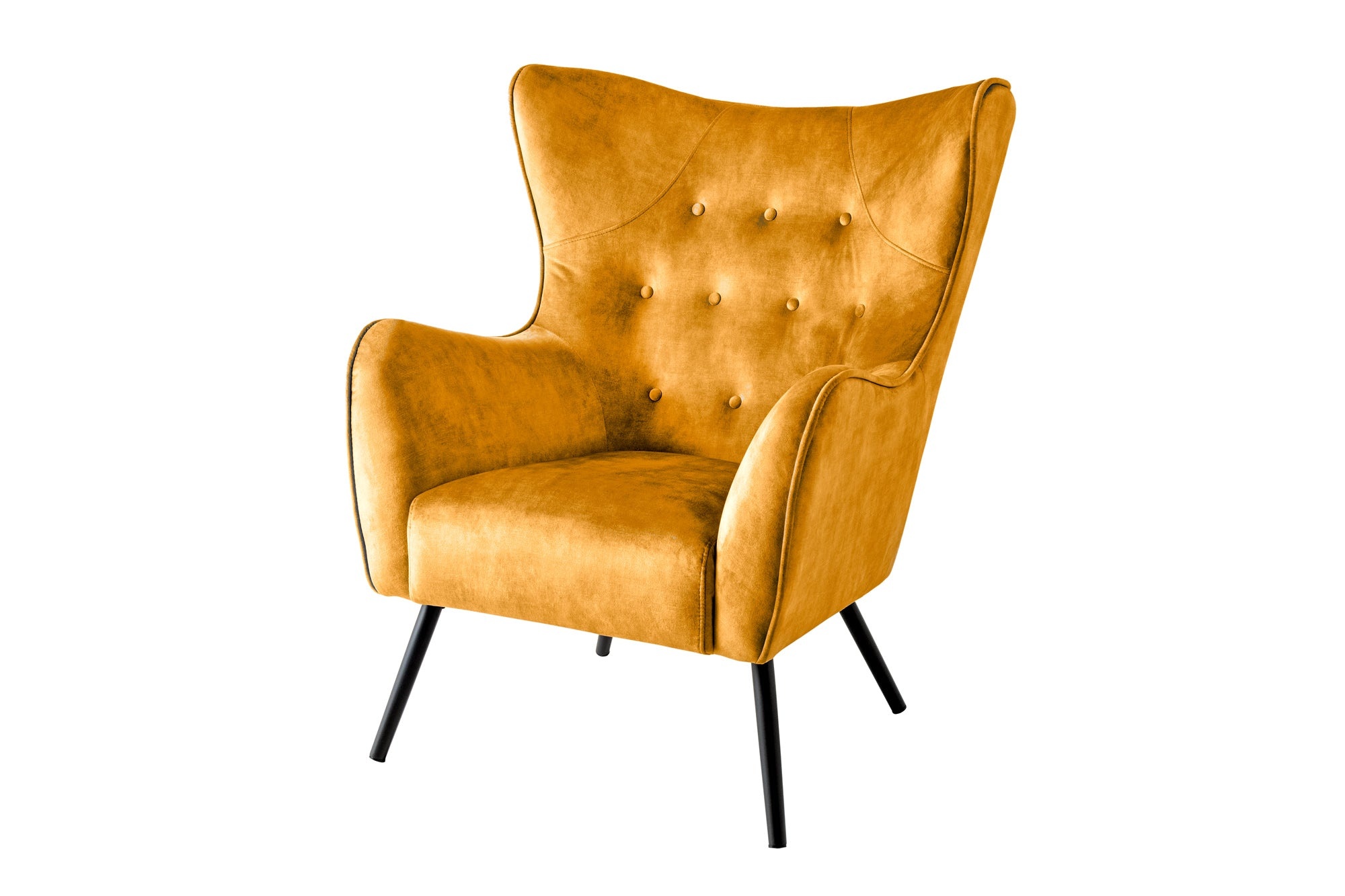 Fauteuil AMSTERDAM, fluweel, mosterdgeel, zwarte metalen poten - 44484