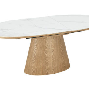 UNIEKE eettafel van 160-200 cm, uitschuifbaar, gemaakt van gelakt eikenhout met een blad van wit keramisch marmer. - 47658