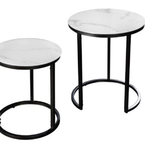 Bijzettafel ELEGANCE Ø 50-60cm rond set van 2 marmerlook wit met zwart frame - 42178