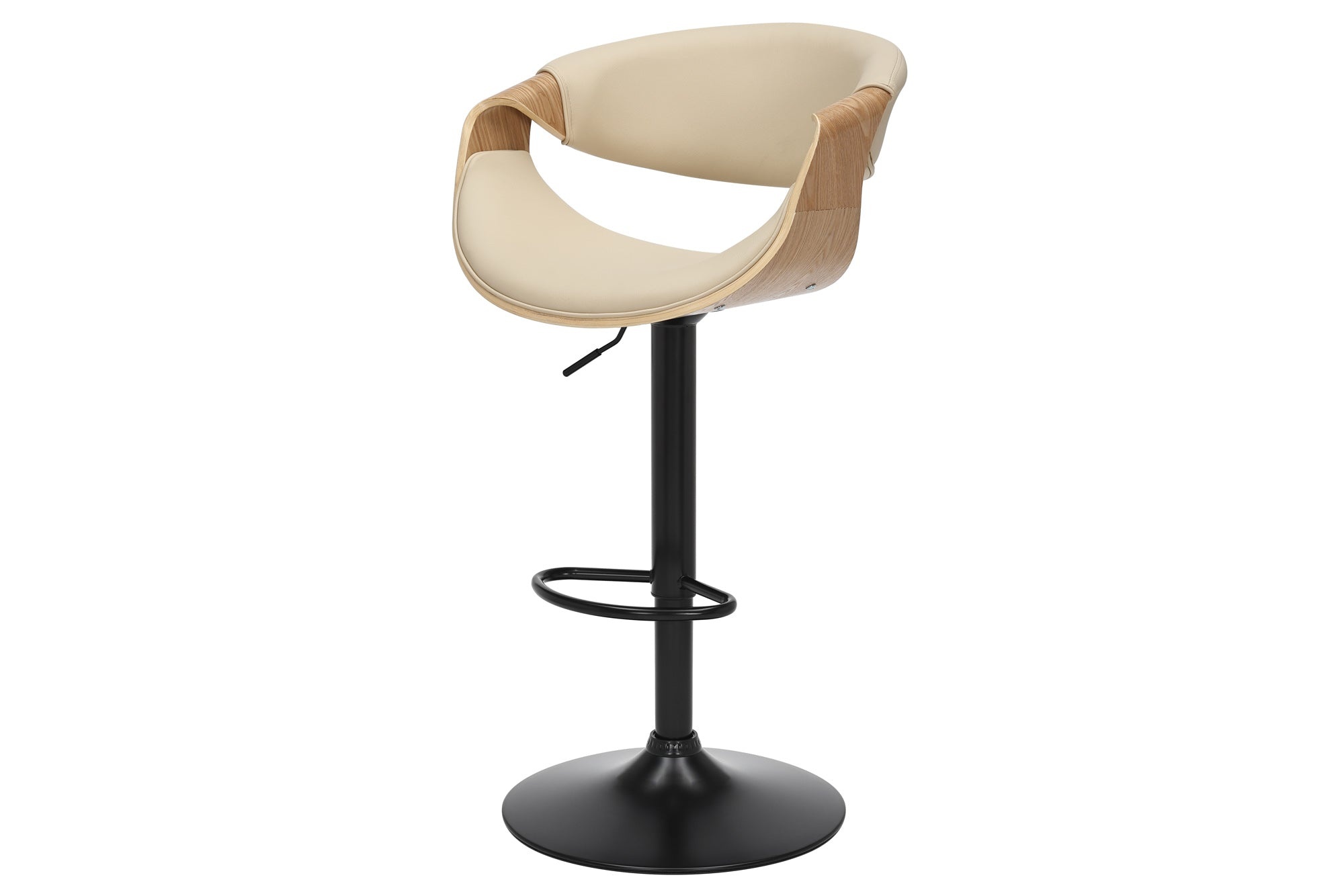 Barkruk ORGANIC 89-100 cm, draaibaar met armleuningen, kunstleer in crèmekleurig beige met eikenhoutlook - 47715