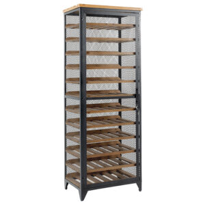 Wijnkast BODEGA 185 cm, naturel vurenhout met zwart metalen frame - 44749