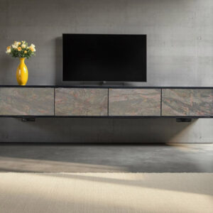 Massief houten TV lowboard MOUNTAIN SOUL 200cm acacia groen brons hangend natuursteen zwart - 46112