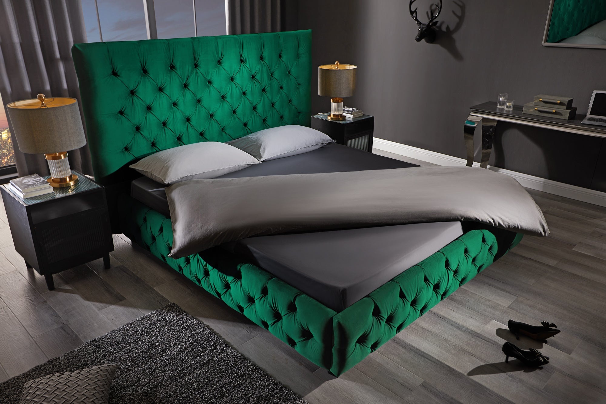 Design bedstee PARIS 180x200cm donkergroen fluweel Chesterfield tweepersoonsbed - 41336
